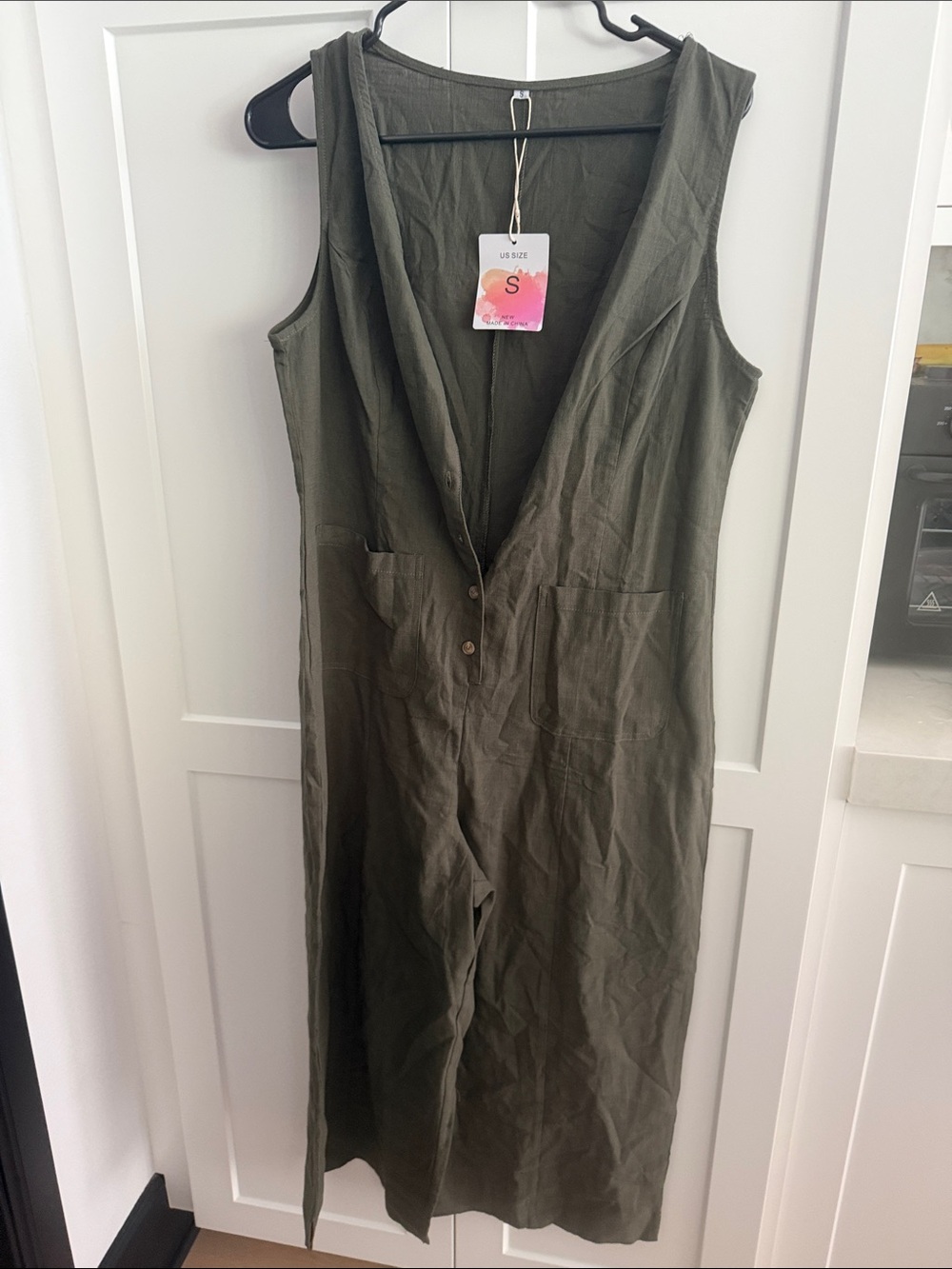 Amazon Olive Green Sleeveless Linen Jumpsuit - Size S